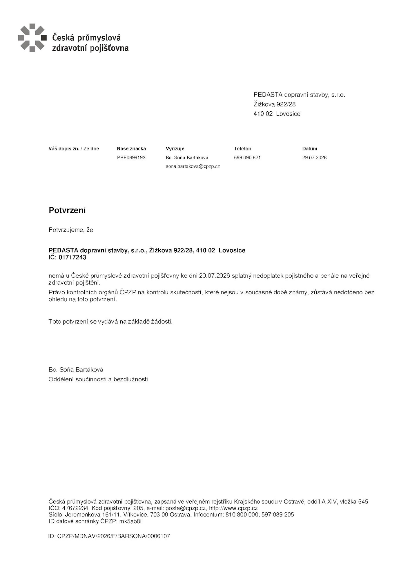 ČPZP Potvrzení 07 2026