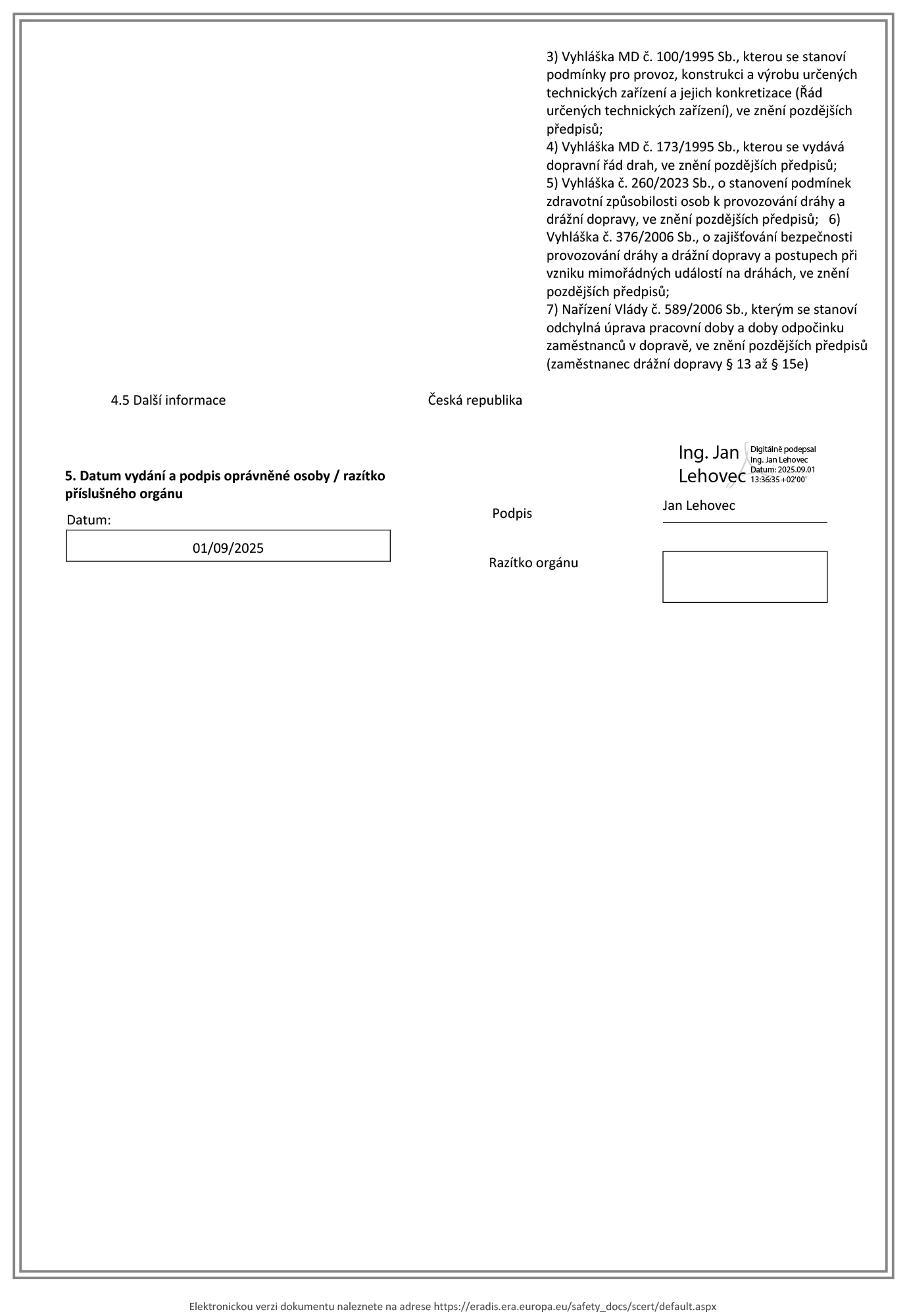 Single Safety Certificate PEDASTA 2