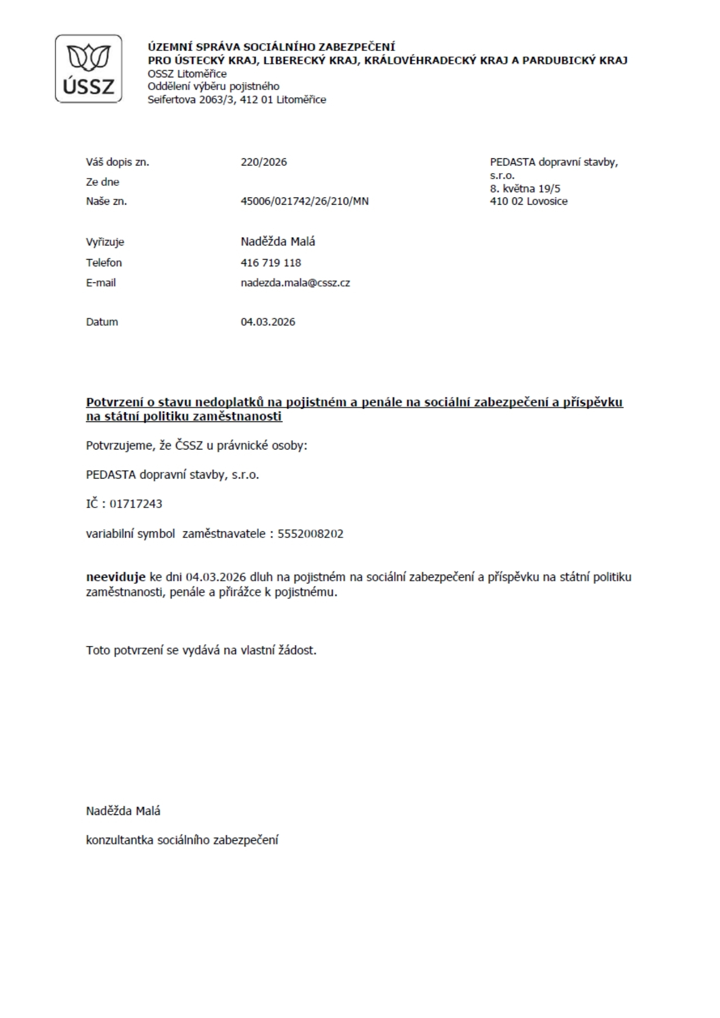 OSSZ Potvrzení Bezdlužnost 03 2026
