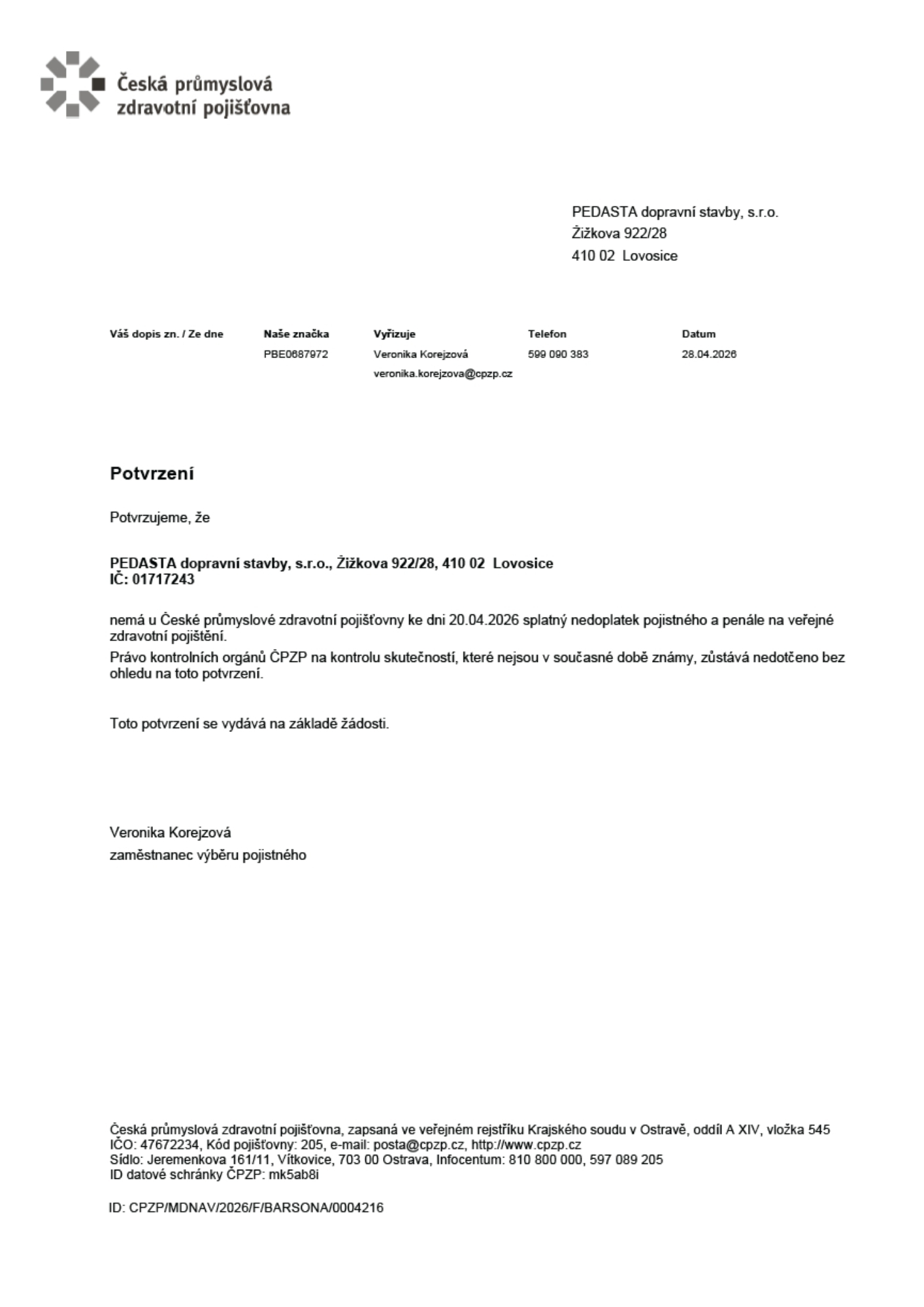 ČPZP Potvrzení 04 2026